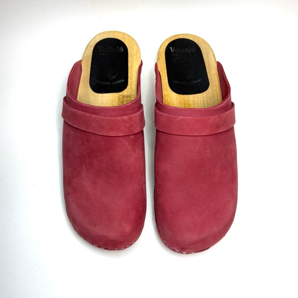 Women's Pink Suede Wooden Clog Mules - Picture 4 of 8
